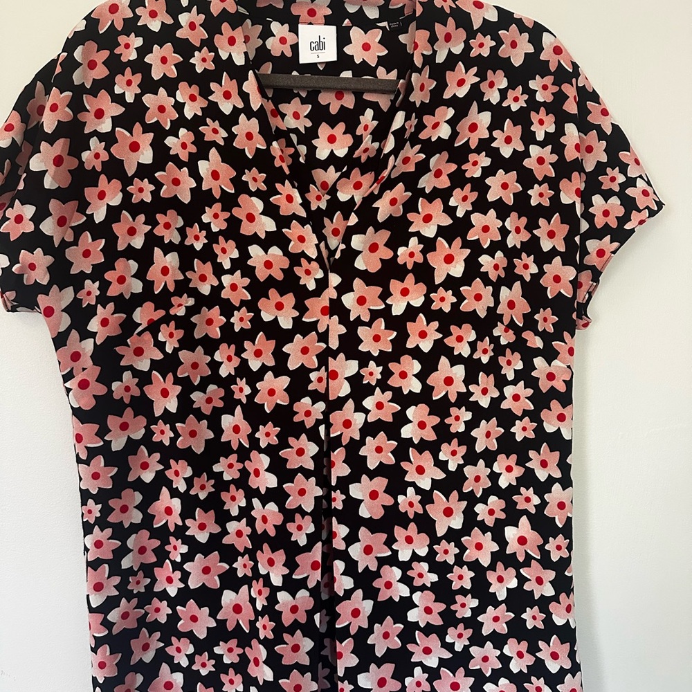 CAbi Black and Pink Buttoned Mandarin Collar Blouse